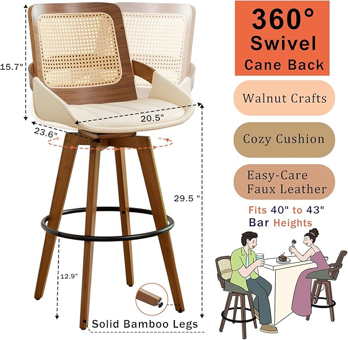 Bar Height Bar Stools Set of 2 - 29.5 inch Mid Century Modern Bar Stools with Cane Back, Curved Arms, Faux Leather Upholstered Seat, Rattan BarStools for Island/Pub/Kitchen (30" Seat Height, Beige)