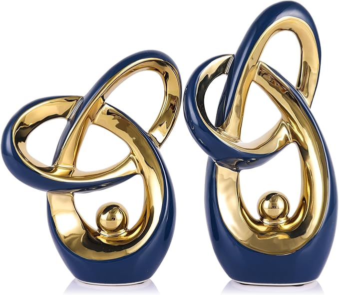 Blue Gold Modern Abstract Art Home Accents, Coffee Table Decor for Living Room, Table Centerpieces for Dining Room, Ceramic Sculptures for TV Stand Decor