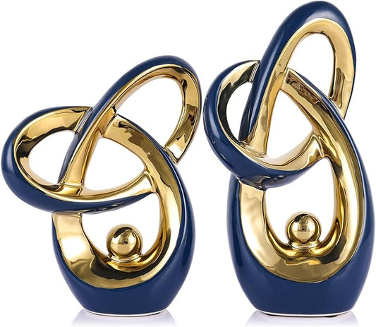 Blue Gold Modern Abstract Art Home Accents, Coffee Table Decor for Living Room, Table Centerpieces for Dining Room, Ceramic Sculptures for TV Stand Decor