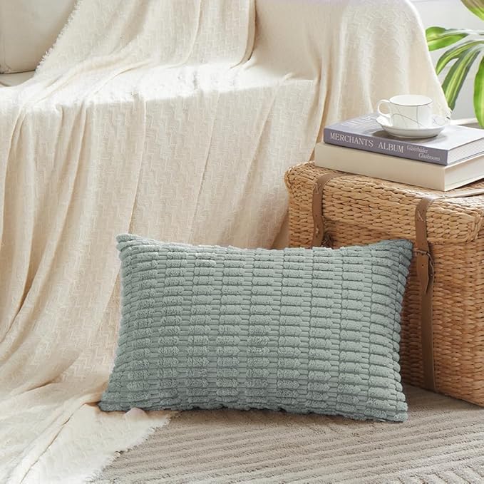 Fancy Homi Pack of 2 Grey Blue Lumbar Decorative Throw Pillow Covers 12x20 Inch for Living Room Couch Bedroom, Soft Corduroy Rectangle Solid Cushion Case 30x50 cm, Rustic Farmhouse Boho Home Decor