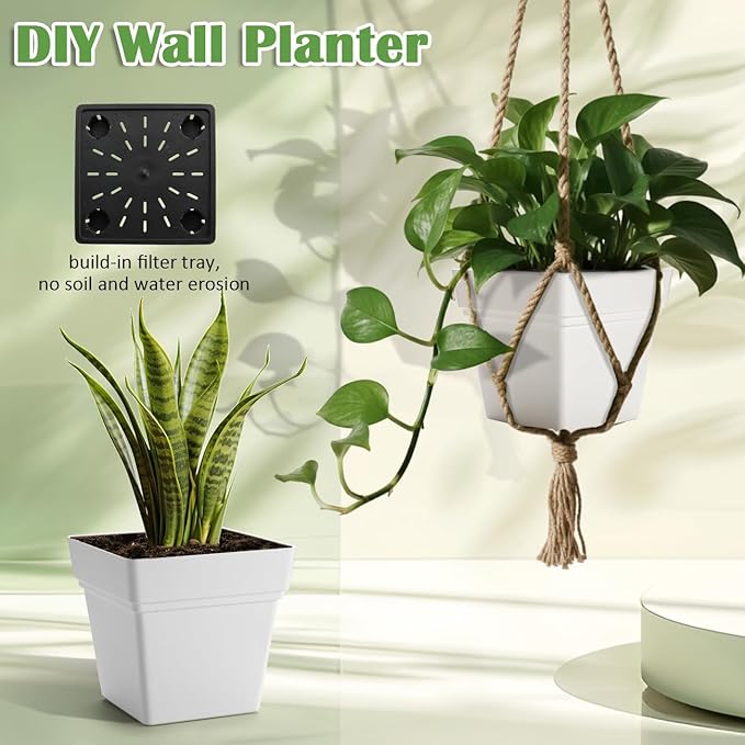 6-Pack 7'' Square Planters with Built-in Drainage Tray – Heavy-Duty Plastic Pots with Drainage Holes and Bottom Stopper, BPA-Free White Matte Planter Stackable for Indoor Plants, Herbs, Flowers