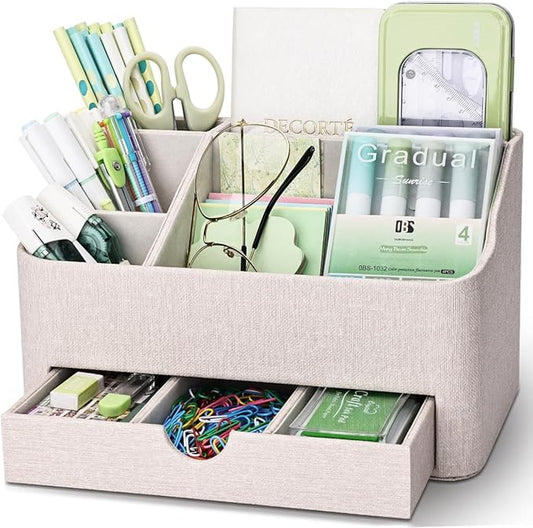 KINGFOM Desk Organizer with Drawer, Multifunction Pencil Holder for Desk, Desk Organizer and Accessories 5 Comparetments for Home Office Supplies (Beige)