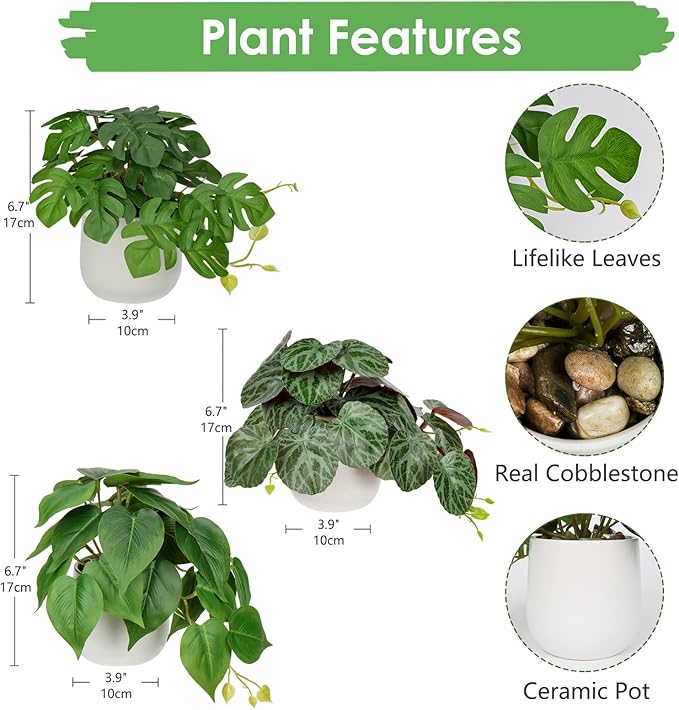 Fake Plants Set of 3 Artificial Plants Faux Pothos with White Ceramic Pots Fake Potted Plants Artificial Decor for Home Bathroom Shelf Desk Indoor