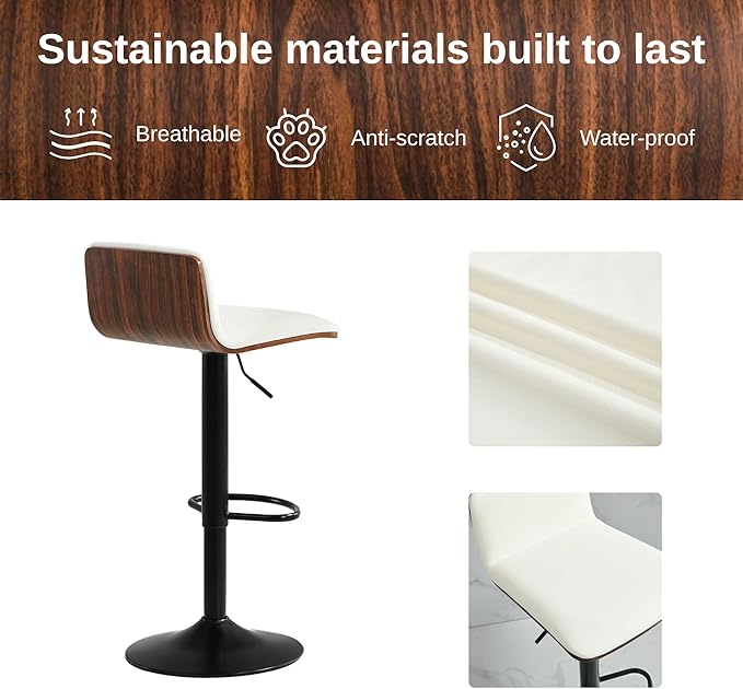 Set of 3 Swivel Bar Stools Adjustable Height, Faux Leather Barstools with Wooden Back and Footrest, Counter Height Bar Height Chairs for Kitchen Island, Dining Room, White