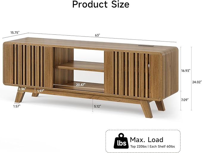 ONBRILL 63-Inch TV Stand for TVs up to 75 Inch, Mid-Century Modern Television Stand with Power Outlet， Entertainment Center with Sliding Grille Door Cabinets and Open Shelves for Living Room, Oak