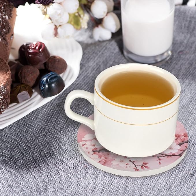 Drinking Coasters with Holder Round Water Absorbent Marble Ceramic Coasters Tabletop Protection(Cork Base),Blooming Pink Cherry Blossom Flowers,Suitable for Various Mugs,Home Decor，4 Inch