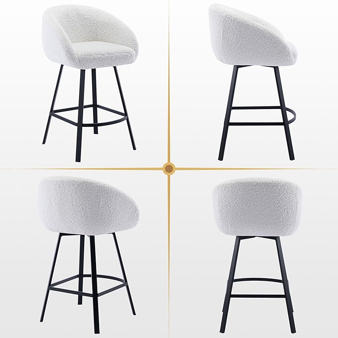 Zesthouse Swivel Counter Height Stool, Modern Single Bar Stool for Kitchen Island, 26'' White Sherpa Kitchen Counter Height Chair with Barrel Arms & Back, Upholstered Fabric Bar Chairs with Metal Legs