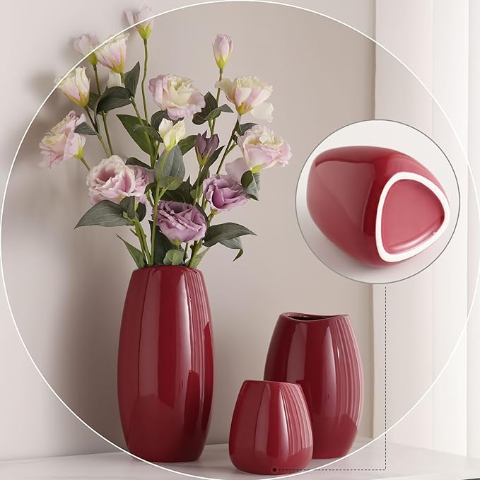 hjn Ceramic Vase Set of 3 Red Flower Vase for Home Decor, Modern Decorative Vase for Flowers Vases for Your Ideal Shelf Decor/Table/Living Room/Kitchen/Office-Red…