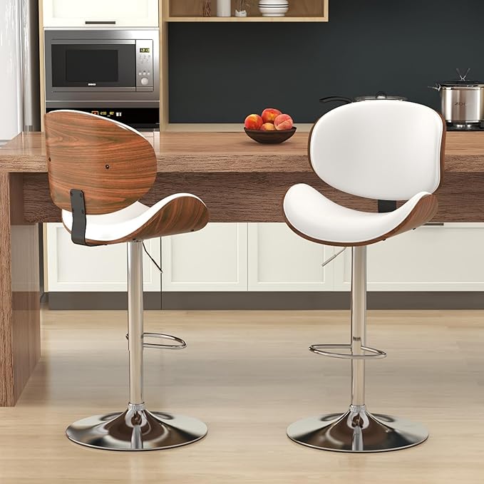 KCC Bar Stools Set of 3, Swivel Adjustable Height Barstools, PU Leather Upholstered Bar Chairs with Footrest, Bentwood Bar Stool for Kitchen, Bar, Dining Room(White PU)