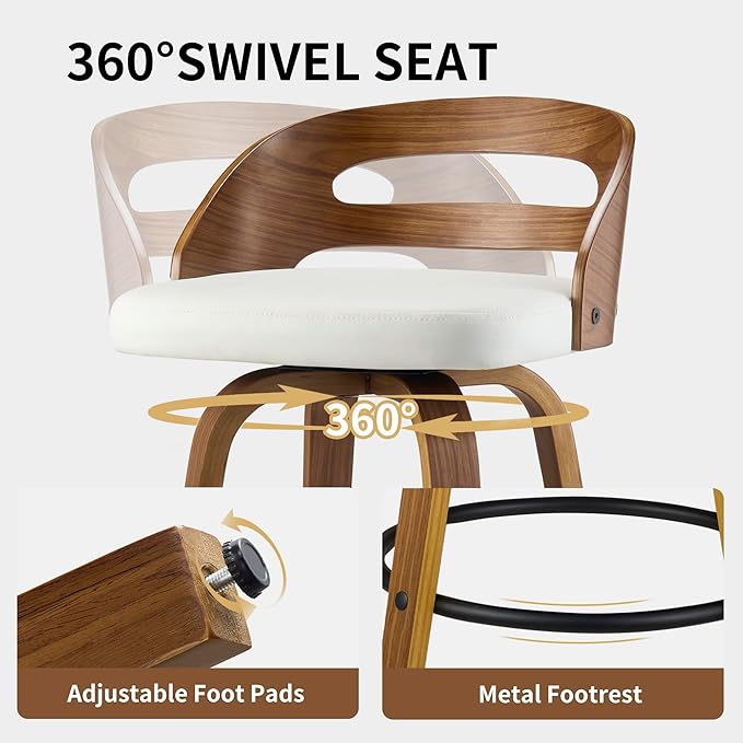 26" Swivel Bar Stools Set of 2, Mid-Century Modern Counter Height Chairs with Beige PU Leather, Curved Backrest & Footrest for Kitchen Island, Home Bar, Dining Room