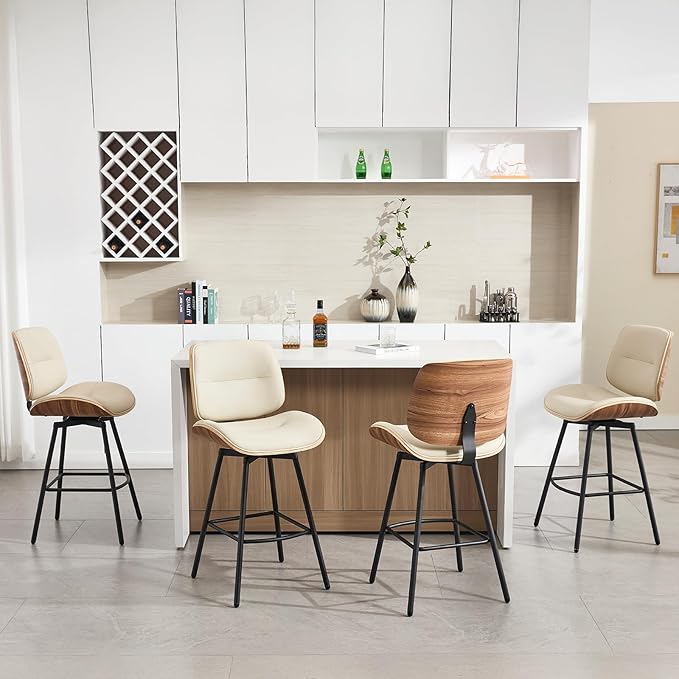 Mid Century Modern Counter Stools Set of 2, 27" Swivel Bar Stools with Metal Legs, Faux Leather Upholstered Bar Chairs with Footrest for Kitchen Island & Dining Tables, Beige