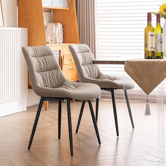 Kidol & Shellder Dining Chairs Set of 2, Modern Upholstered Faux Leather Kitchen Side Chairs with Comfortable Back - Mid-Century Armless Chair for Dining Living Room Bedrooms, with Metal Legs (Khaki)