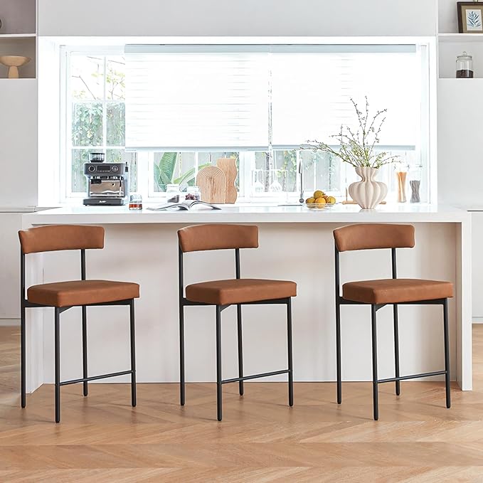Brown Modern Bar Stools Set of 3, 24 Inch Faux Leather Counter Stools with Curved Backrest, Counter Height Bar Stool for Kitchen Island