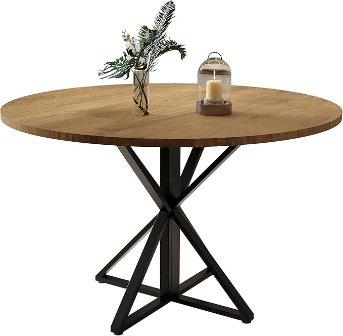 GarveeHome 47 inch Round Dining Table for 4, Brown, Farmhouse Wood Circle Pedestal Kitchen Table, Circle Dinner Table for Kitchen & Dining Room