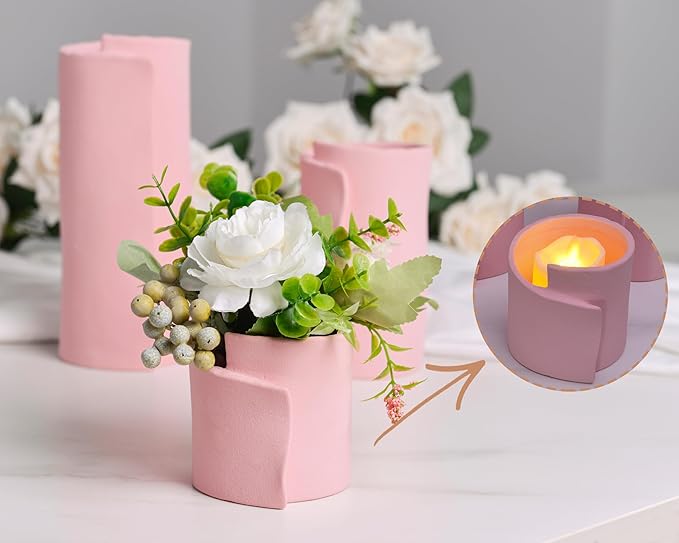 Pointnio Pink Ceramic Flower Vase Set of 3,Small Origami Flower Vases for Room Decor,Modern Boho Farmhouse Vase,Decorative Vases for Home Decor,Living Room, Kitchen, Bedroom