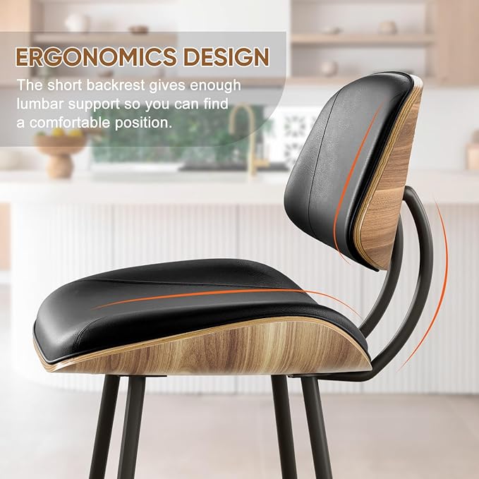 Mid Century Modern Bar Stools Set of 2, PU Leather Counter Height Stools with Walnut Bentwood Back & Metal Legs, 26.7" Barstools Kitchen Island Chairs with Footrest for Home Bars, Black