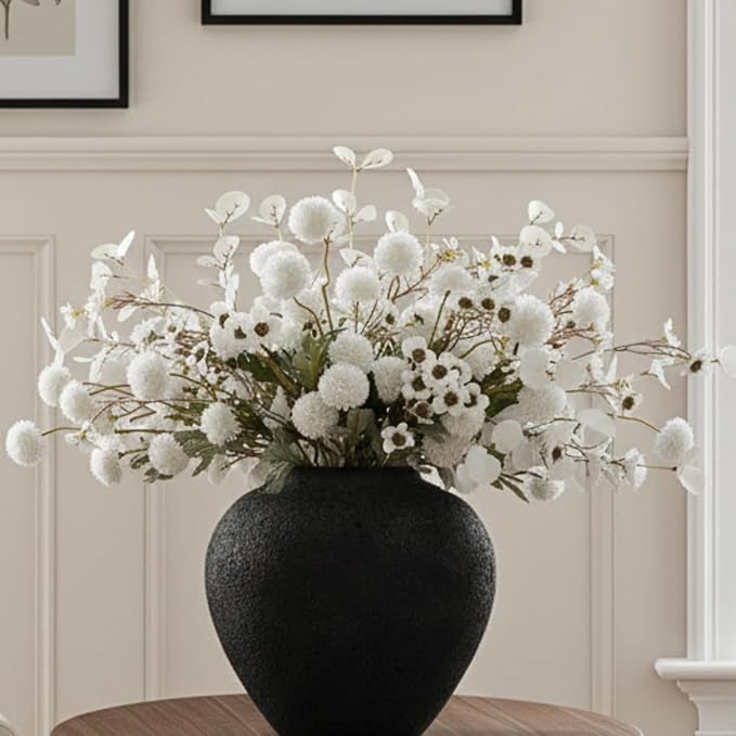 White Artificial Flowers Bulk for Vase That Look Real, White Flower Centerpiece for Table, Silk Floral for Home Decor Indoor, Faux Kiku + Eucalyptus Stems + Wildflowers, Flores Blancas Artificiales