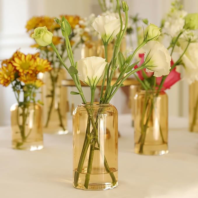 24pcs Glass Bud Vases Set, Clear Flower Vase for Centerpieces, Small Vases for Flowers, Decor Centerpiece for Bathroom, Decorative Vases for House Warming (Amber)
