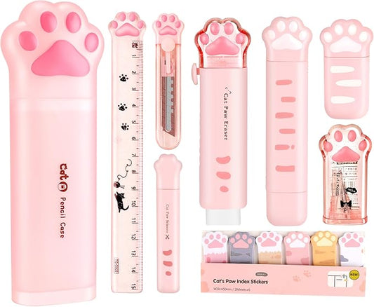 Cute Pink School Supplies, Kawaii Stationary Set, Japanese Stationery Birthday GIFS, Includes Pencil Sharpener,Eraser, Correction Tape, Ruler, Mini Scissors,Utility Knife, for Office Supplies
