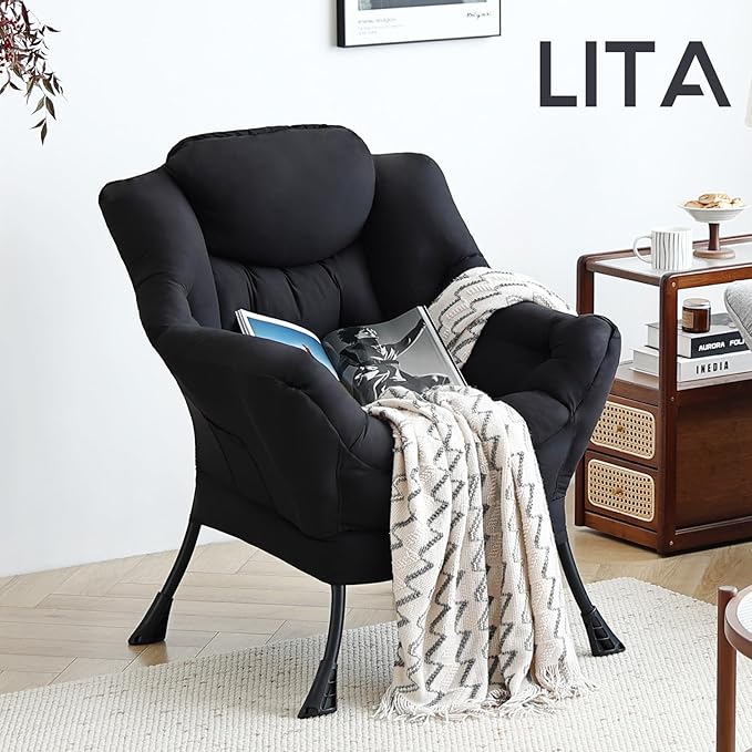 LITA Lazy Chair with Ottoman, Modern Accent Leisure Upholstered Sofa, Contemporary Lounge Reading Chair with Armrests and a Side Pocket for Living Room, Bedroom & Small Space, Single Black