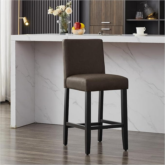 26'' Faux Leather Bar Stools, Modern Upholstered Bar Height Bar Chairs, Soild Wood Legs Barstools with Back, Brown