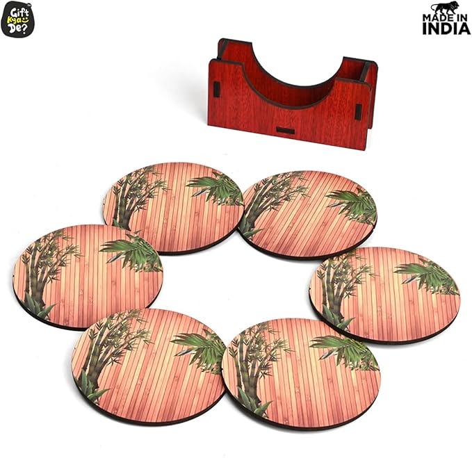 GKD Wooden Coasters for Drinks, MDF Wooden Coasters Set of 6 with Holder, 3.5 inches Eco-Friendly Absorbent Coaster for Coffee Table, Office, Bar, Drinking Glasses, Tabletop Protection