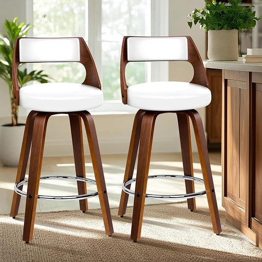 Counter Height Bar Stools Set of 2, 26" Swivel PU Leather Upholstered Barstools with Curved Bentwood Back & Legs, Mid-Century Modern Bar Chairs for Kitchen Island, Dining, Home Bar, White