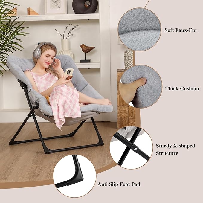 Comfy Saucer Chair for Adults, Soft Faux Fur Bedroom Chair with Ottoman, Accent Dorm Chairs, Living Room Reading Chairs and Footstool, Folding Lounge Seat for Teens, X-Large, Grey