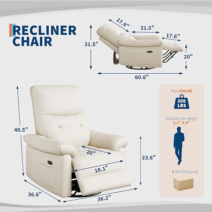 GarveeHome Recliner Chair, 360° Swivel Rocker Glider Nursery Chair with Padded Armrest and Deep Seat, PU Leather Upholstered Reclining Sofa Chair for Living Room, Bedroom and Nursery (Cream)