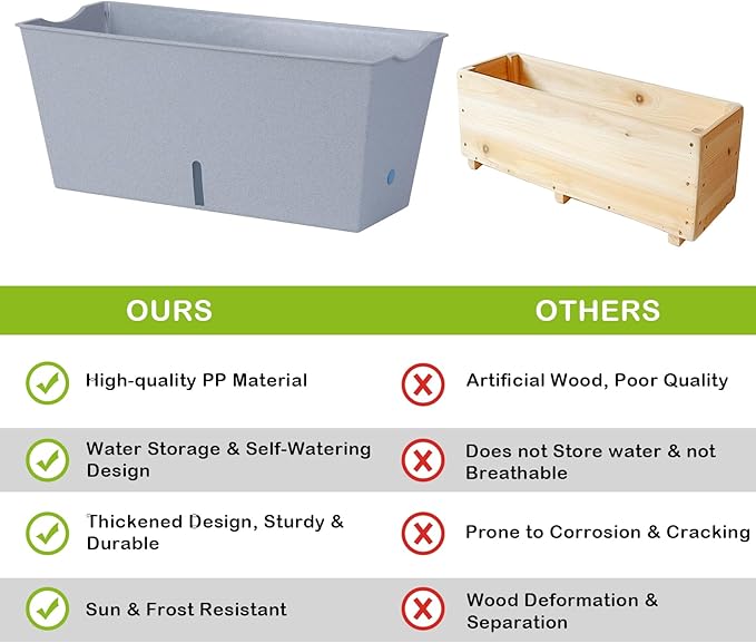 Window Box Planter 6 Pcs, 16.5 Inches Self Watering Rectangle Flower Plant Pots with Drainage Holes Trays, Vegetable Planters for Windowsill Patio Garden Balcony Porch Yard (Grey)