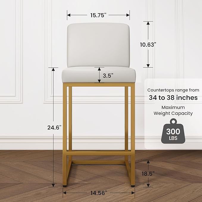 PHI VILLA White Bar Stools Set of 6, Counter Height Bar Stool Faux Leather Barstools with Back, 24 inch Kitchen Bar Chairs