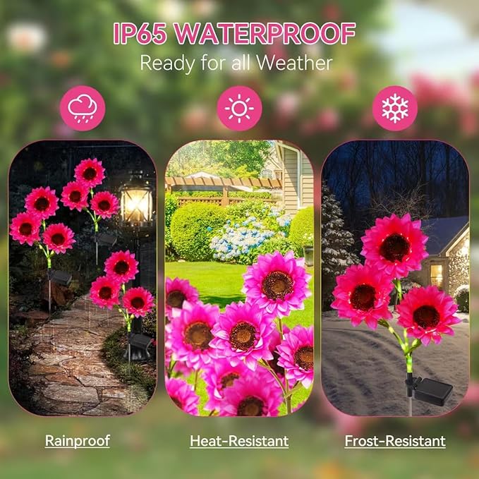 Solar Garden Flowers Lights Outdoor Waterproof Sunflower Solar Lights for Yard Decorations Garden Decor 3 Pack for Yard Patio Lawn Gift for Mom Women Mother's Day (Pink Sunflower)