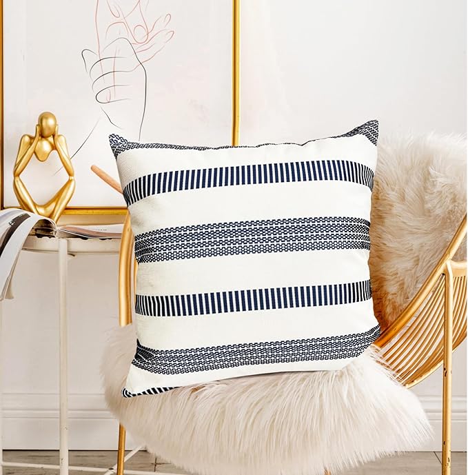Decorative Throw Pillow Covers Set of 2 Blue Boho Striped Pillow Covers 18x18 Inch Throw Pillow Cover Linen Pillowcase Farmhouse Outdoor Pillow Covers for Couch Sofa Bed Living Room