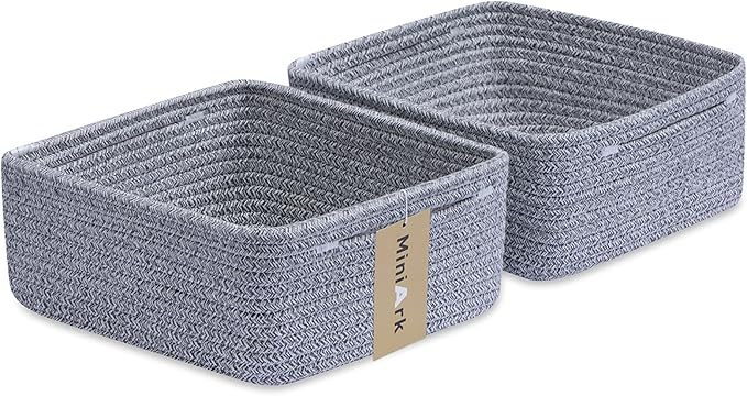 Small Square Shallow Baskets for Organizing, 9.7x9.7x4.3 Inch Rope Woven Storage Bins for Cubes Closet, Shelves Storage, Boho Decorative Basket, 2 Packs Mixed Grey