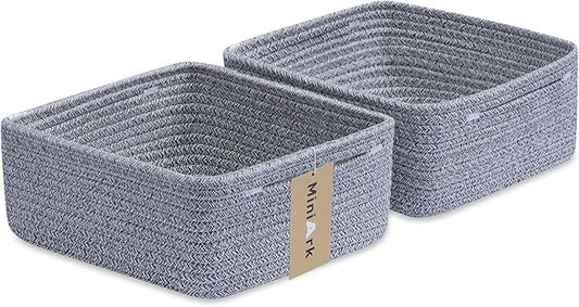Small Square Shallow Baskets for Organizing, 9.7x9.7x4.3 Inch Rope Woven Storage Bins for Cubes Closet, Shelves Storage, Boho Decorative Basket, 2 Packs Mixed Grey