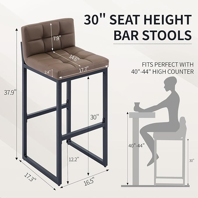 Bar Height Stools Set of 4, Upholstered Barstools with Back and Thickened Metal Frame, Modern 30-inch Tall Bar Chairs for Kitchen Island, Bar, Counter (Coffee Brown, 4Pcs 30" Bar Stools)