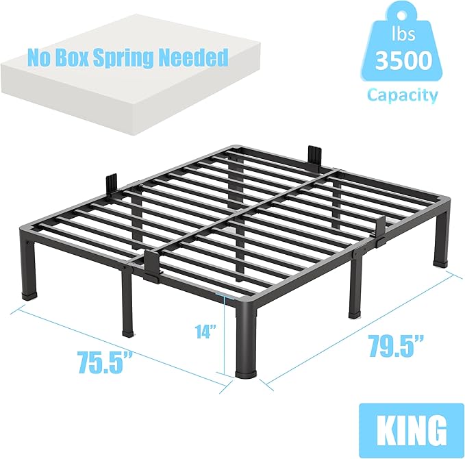 FUIOBYVV King Bed Frame with Round Corner Edge Legs, 14 Inch High 3500 lbs Heavy Duty Metal Platform Bed Frame King Size, No Box Spring Needed/Noise Free/Steel Slat Support/Non-Slip, Black