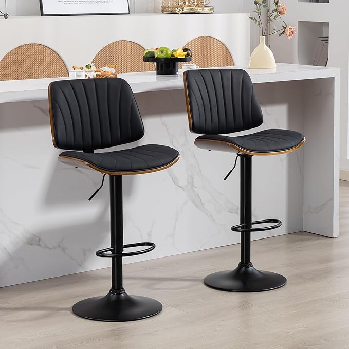 ECOTOUGE Swivel Bar Stools Set of 2, Adjustable Bentwood Barstools, Modern PU Leather Upholstered Bar Chair with Back and Footrest, for Bar, Kitchen Counter, Dining Room, Black