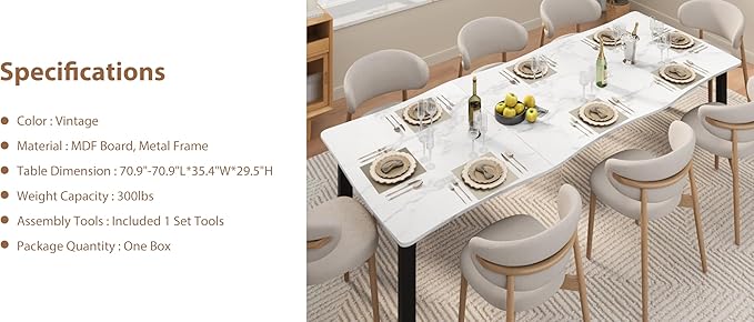 IDEALHOUSE 70.9”Dining Table with Wave Irregular Edge, 15mm Thick MDF Top & Metal Frame, for Kitchen, Quick Assembly, Wooden Kitchen Table for 6-8, Waterproof Scratch-Resistant, Marble