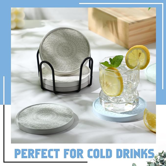 Photect Diatomaceous Earth Coasters Set with Holder Absorbent Stone Drink Coasters Instant Drying Tray for Tabletop Protection Home Decoration Housewarming Gift(Green,6 Pcs)