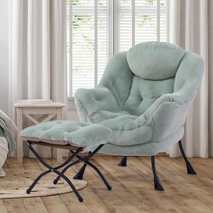 HollyHOME Fabric Lazy Chair with Foldable Ottoman, Accent Comfy Lounge Arm Chair and Folding Footrest Stool Set, Leisure Sofa Reading Chair and Footstool for Living Room, Bedroom, Dorm, Pea Green