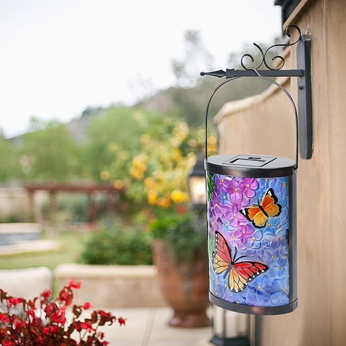 Afirst Solar Lantern Outdoor Hanging Glass Butterfly Solar Lights Waterproof Led Lamp for Garden Yard Tree Desk Decor