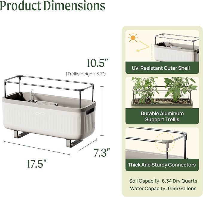 Vego garden Herb Planter Indoor Box with Trellis Self-Watering Raised Garden Bed for Climbing Vegetables Plants Cage - Cream White