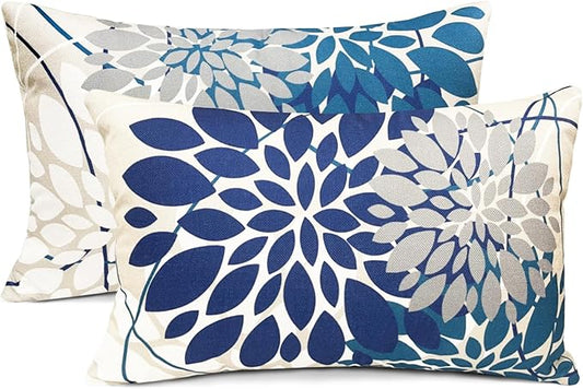 Blue Decorative Throw Pillow Covers 12x20 Inch Pillow Covers for Couch Living Room Bedroom Car Outdoor.Modern Sofa Throw Pillow Cover.Farmhouse Geometric Floral Linen Square Pillow Case.Set of 2