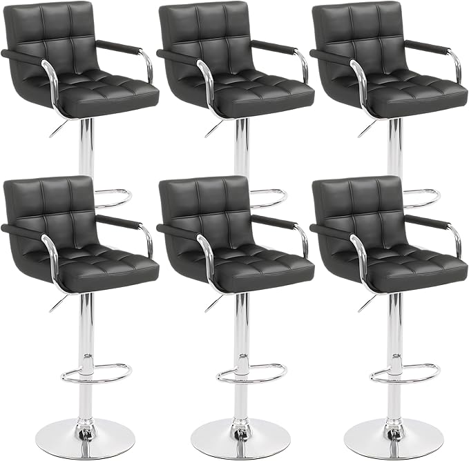 Modern PU Leather Bar Stools Set of 6, Adjustable Swivel Square Bar Chairs, Counter Height Barstools with Arms and Large Base for Island/Kitchen(Black)