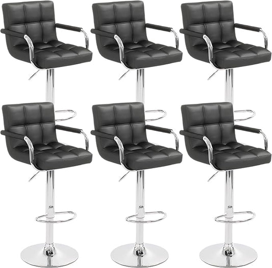 Modern PU Leather Bar Stools Set of 6, Adjustable Swivel Square Bar Chairs, Counter Height Barstools with Arms and Large Base for Island/Kitchen(Black)