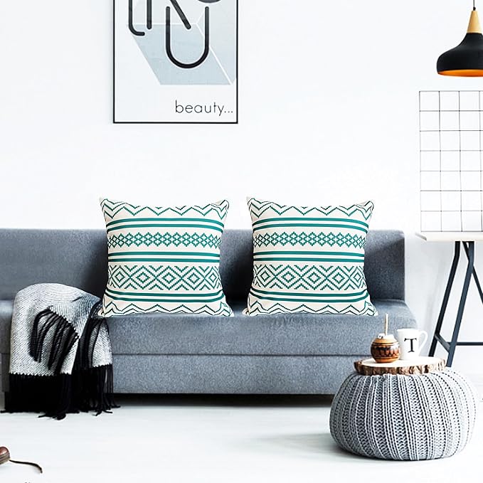 Decorative Throw Pillow Covers Set of 2 Teal Blue Boho Pillow Covers 16x16 Inch Throw Pillow Cover Linen Pillowcase Modern Farmhouse Outdoor Pillow Covers for Couch Sofa Bed Living Room