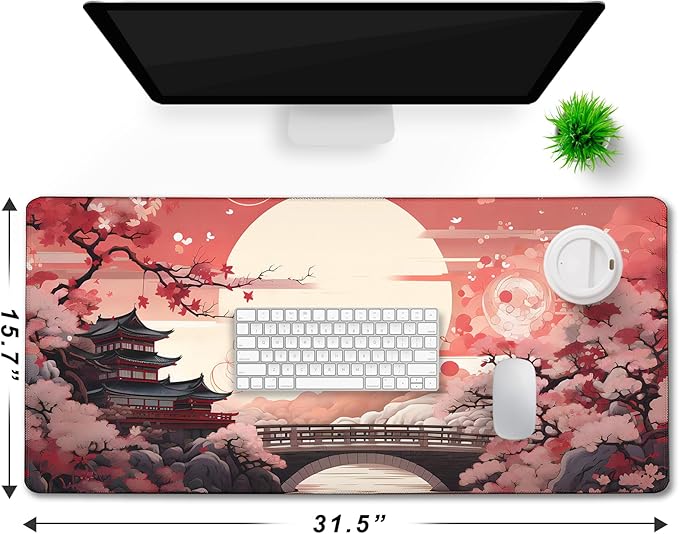 Japanese Large Gaming Mouse Pad with Stitched Edges, 31.5" x 15.7" Large Extended Computer Pad, Mouse Pad Protector with Non-Slip Waterproof Rubber Base for Laptop Office Accessories, Sunset