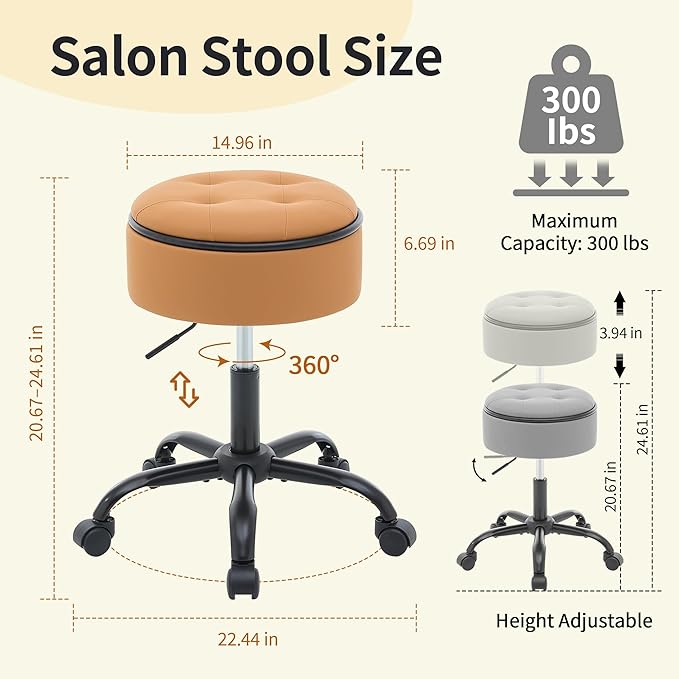 Vanity Stool with Wheels (Chair & Small Table in One) (Adjustable Height Stool 20.67"-24.61"), Caramel Brown Rolling Chair with Storage