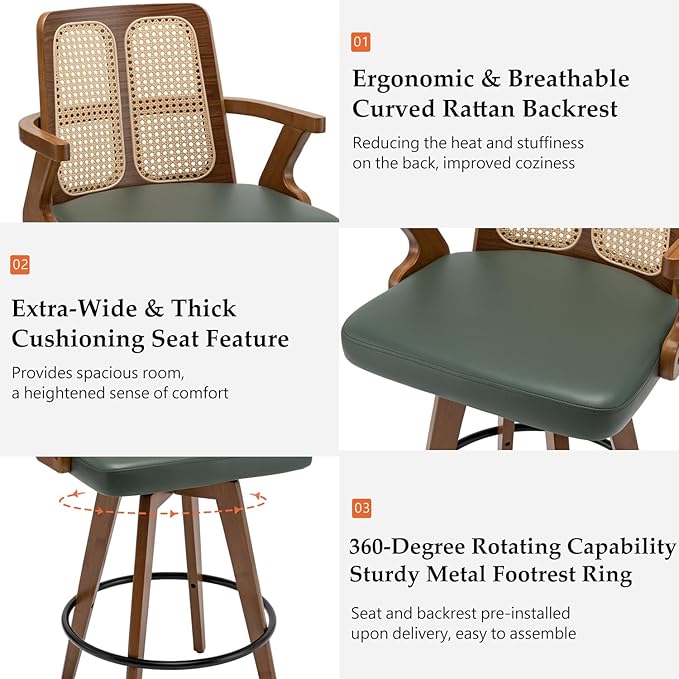 Set of 1 Bar Stool - 27 inch Swivel Rattan bar Stool with Cane Back, Curved Arms, Upholstered Seat, Adjustable Bamboo Legs, Kitchen Bar Chairs for Counter/Kitchen/Island (Walnut Green)